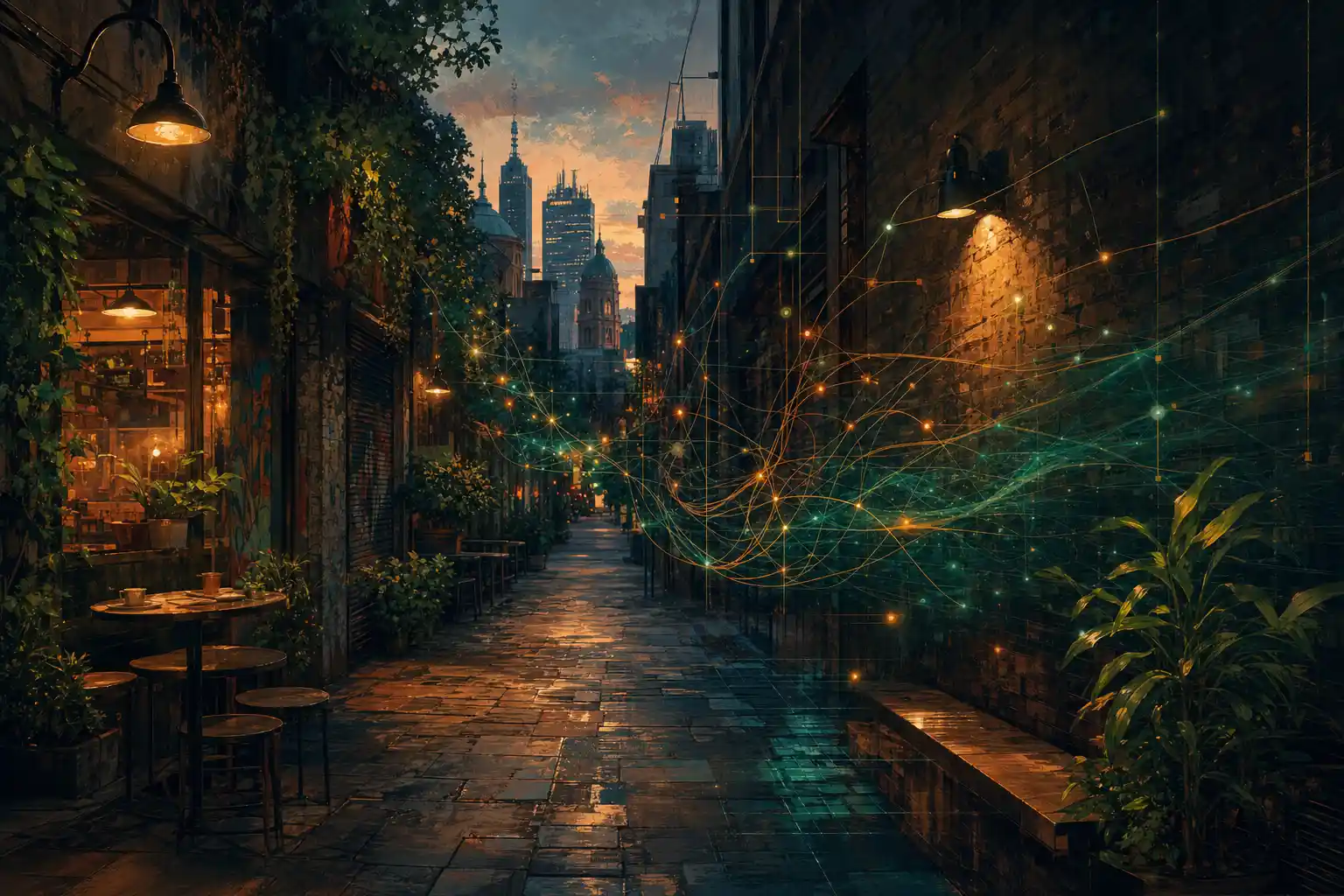 Melbourne laneway at dusk with soft AI light motifs, AI admin and CRM support