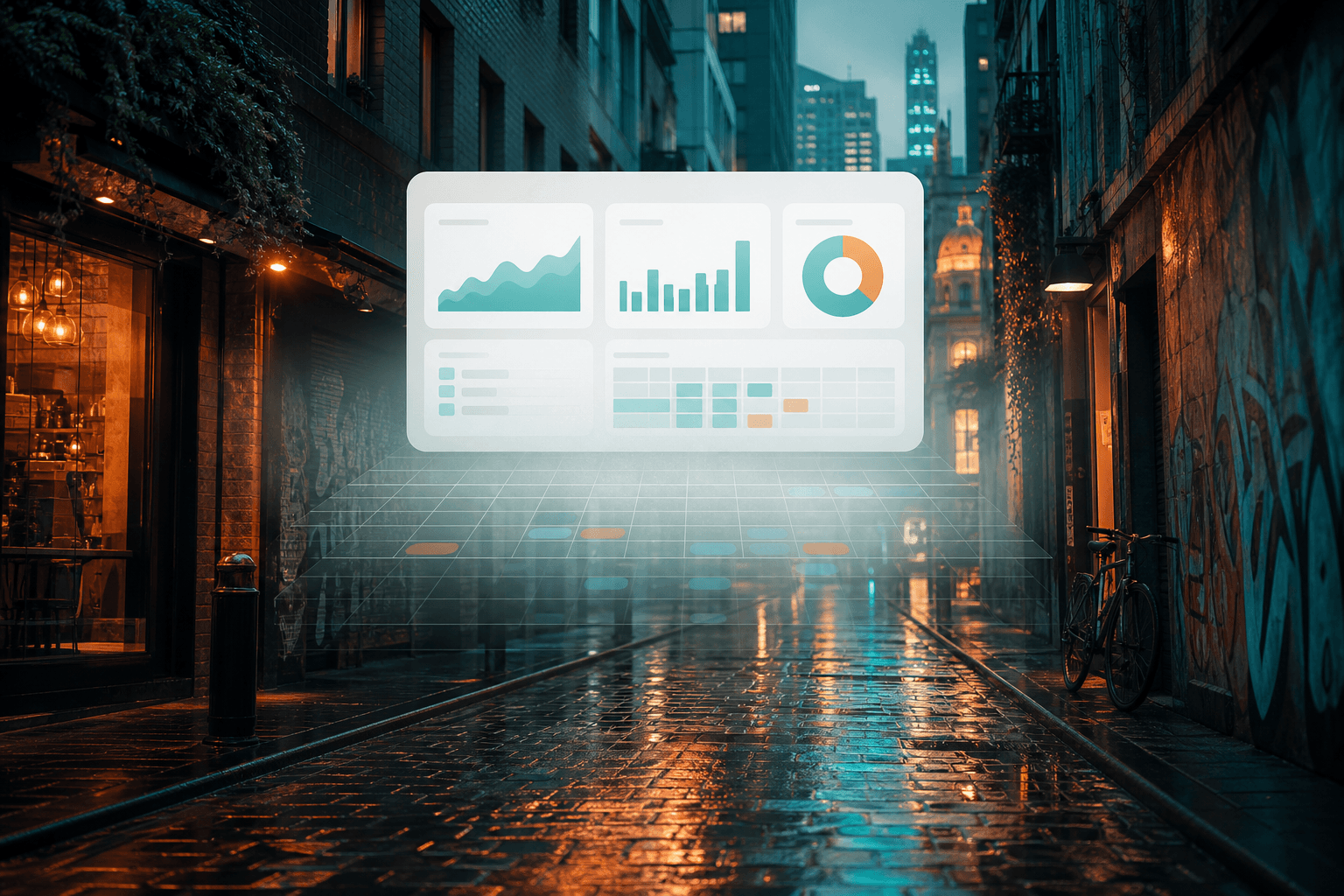 Melbourne laneway at dusk with spreadsheet layers fading into a single dashboard silhouette