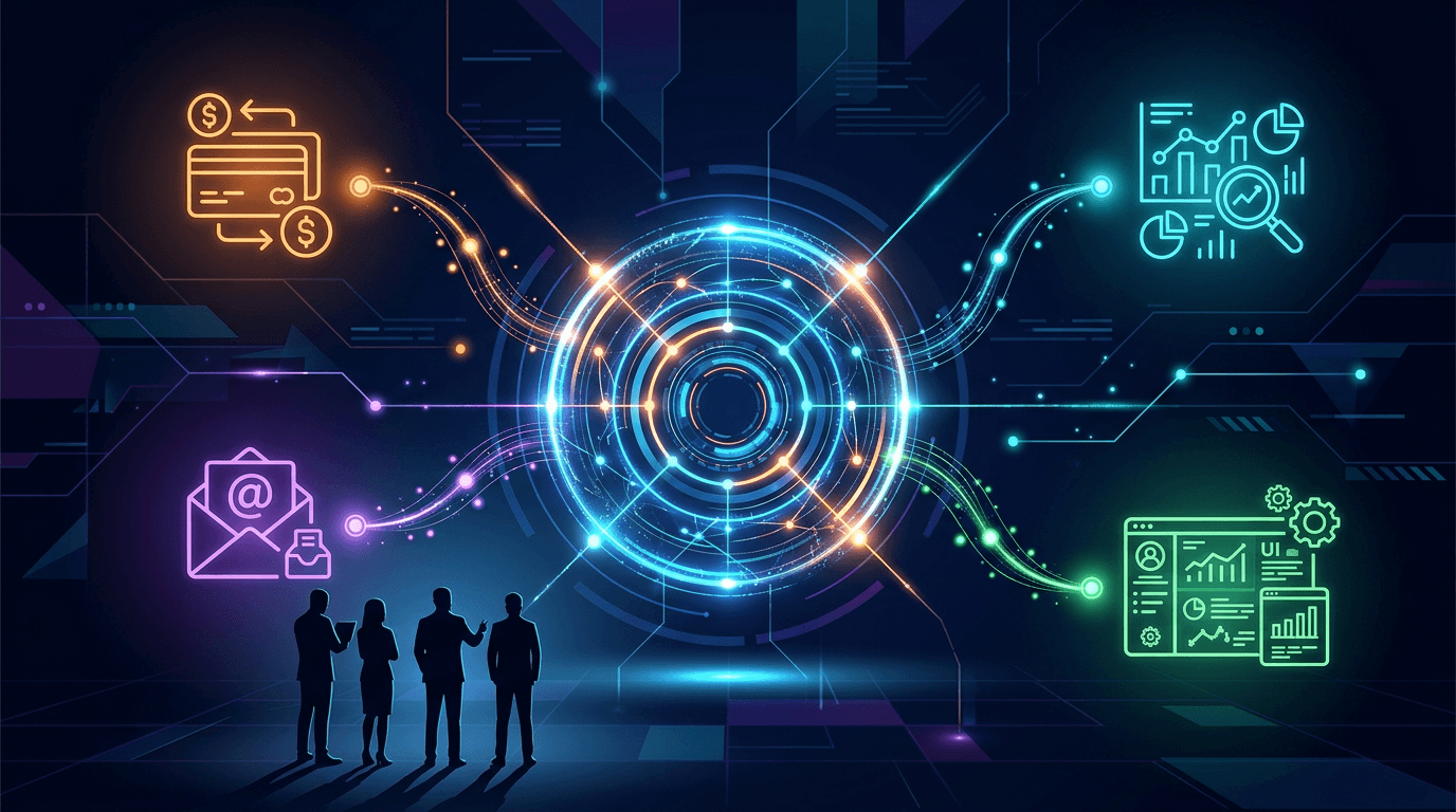 Illustration of a central CRM hub connected to multiple services