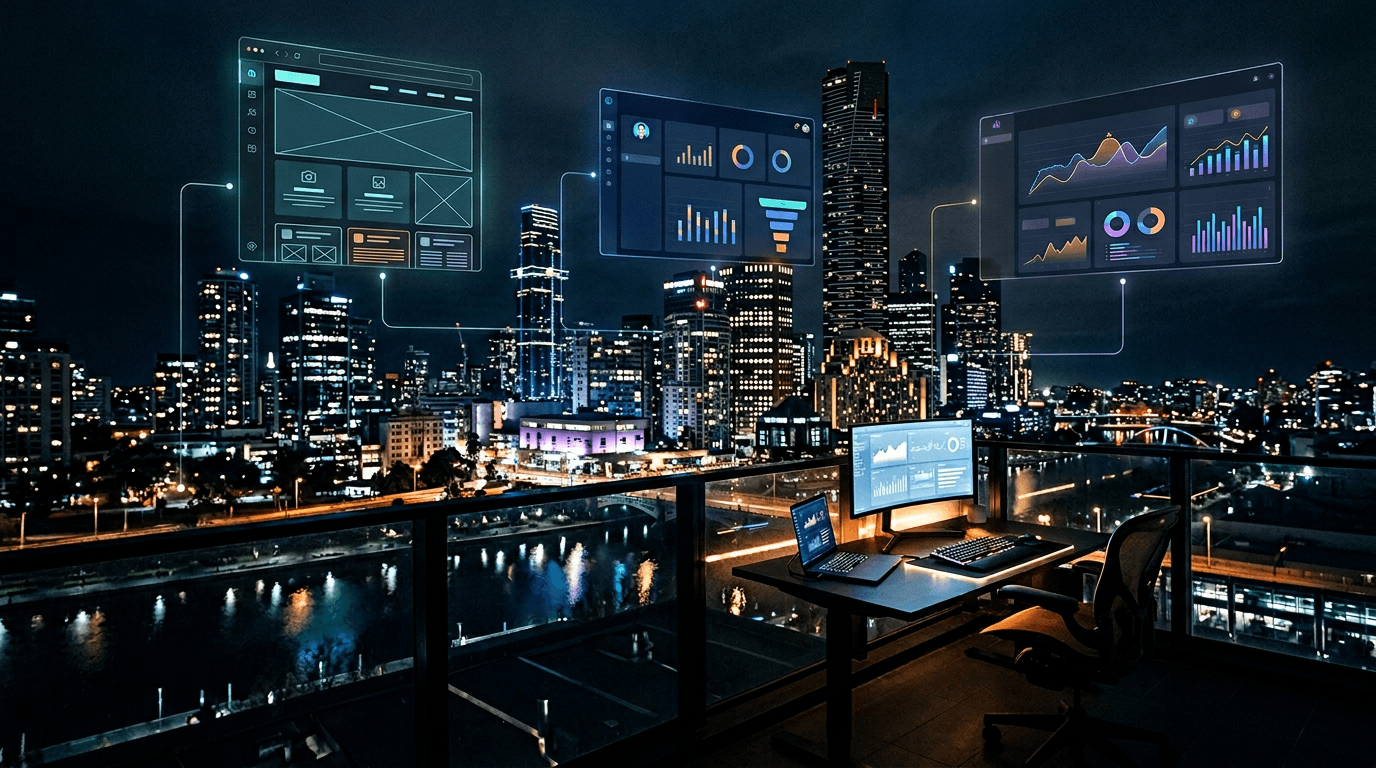 Illustration combining Melbourne skyline with web and CRM interfaces